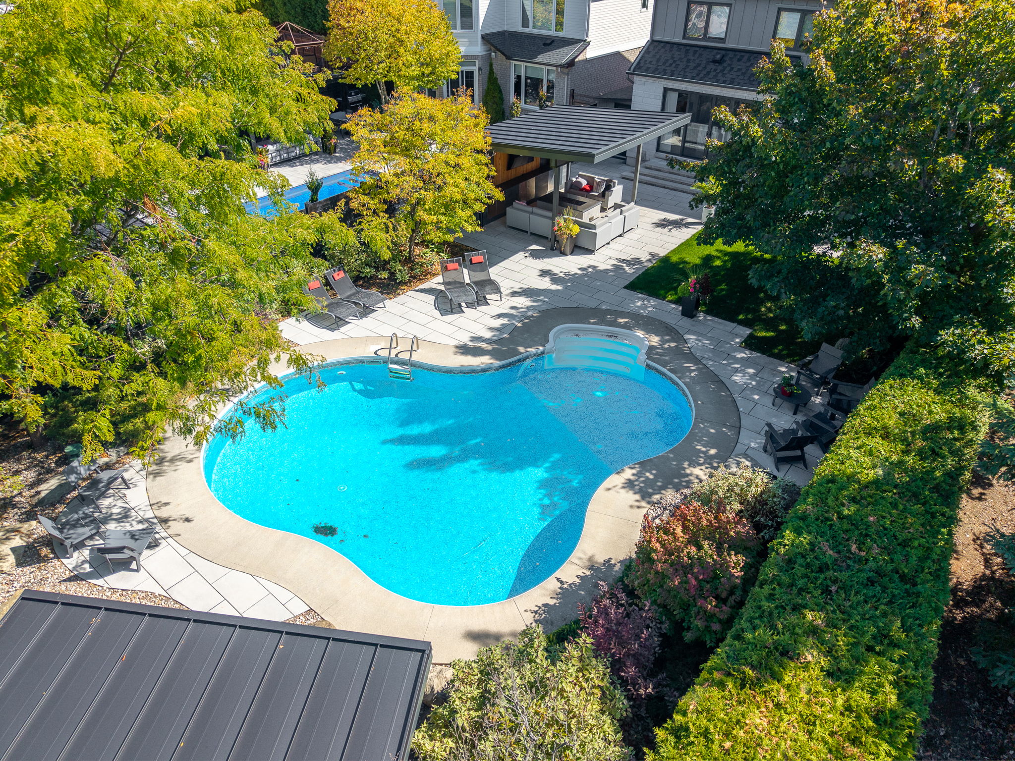Large freeform pool shown from above with surrounding patio, planting, and covered seating.