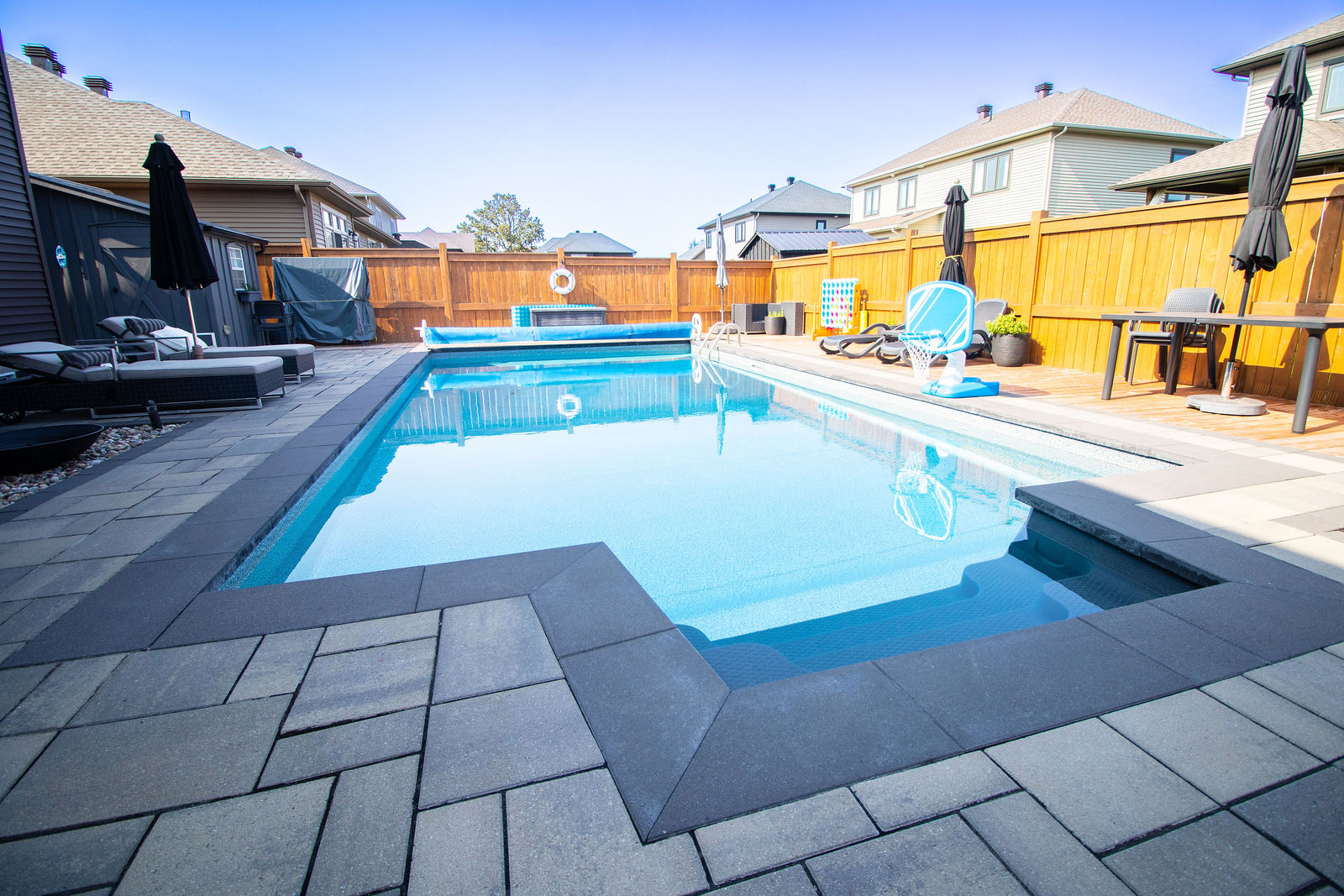Main view of Backyard Pool with Timber Pavilion Entertaining Zone.